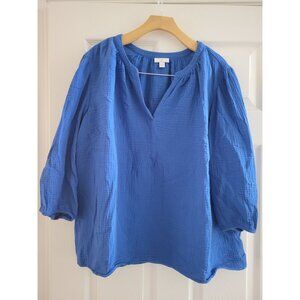 J. Jill Women blue slub cotton top size XL loose relaxed casual Popover V-neck